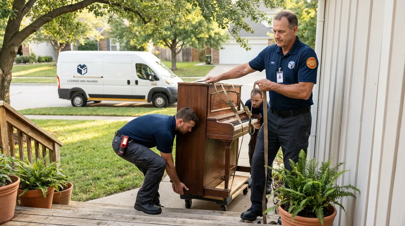 Licensed piano movers securing grand piano in Monterey Park, CA