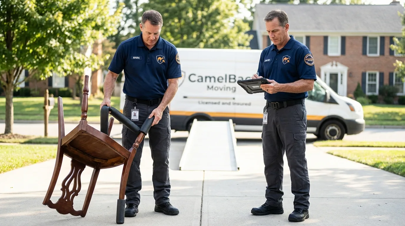 Movers inspecting furniture for damage prevention before loading in Monterey Park, CA
