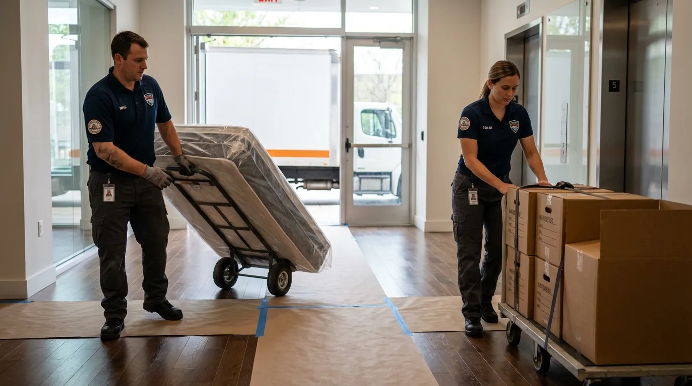 Professional apartment movers loading elevator in Monterey Park, CA