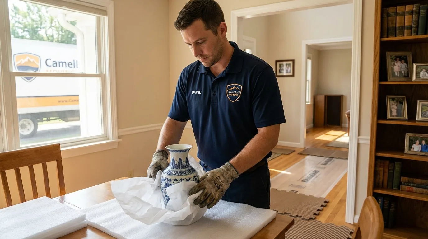 Professional crew carefully wrapping antique vase for senior downsizing move in Monterey Park, CA